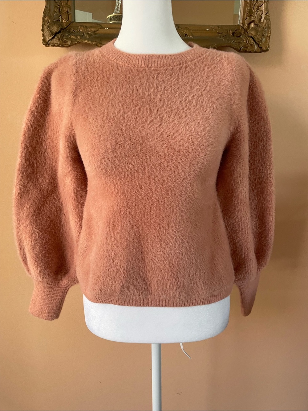Unique Soft Fuzzy Nylon Acrylic Bubble Sleeve Crop Sweater in Coral Rose Sm